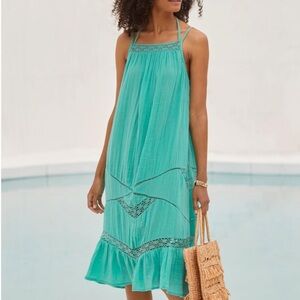 Anthropologie Crochet Trim Cotton Gauze Dress Green Sleeveless Sun Sz Small